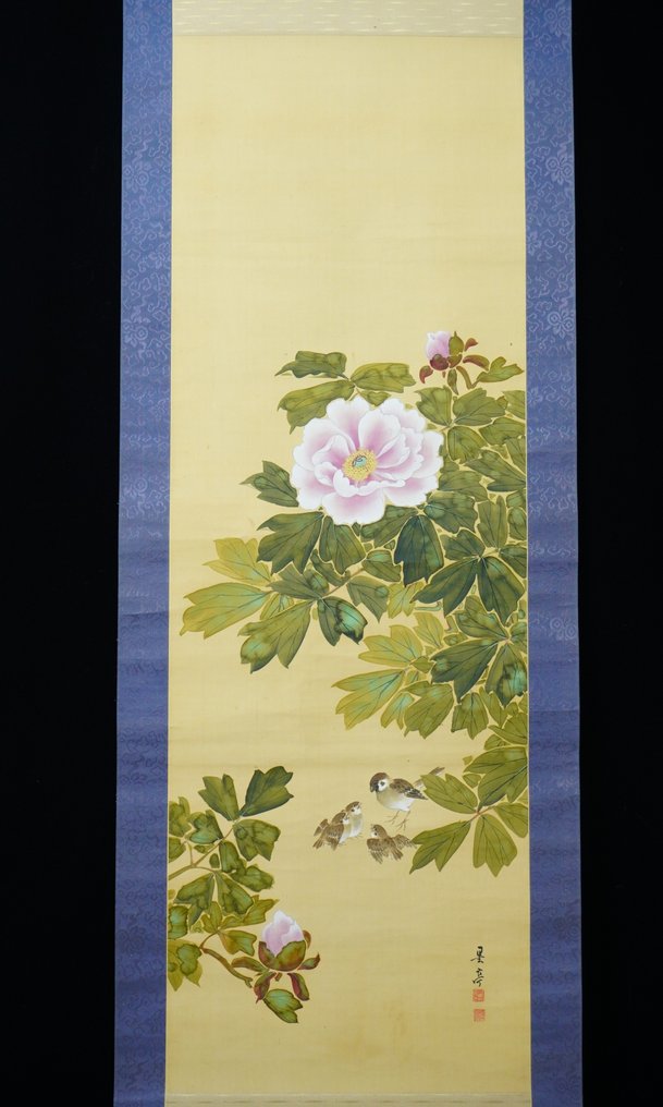 Absolute Auction – Hanging Scroll – Sparrows and Peonies by Bokutei 墨亭 (Taisho – Showa period) - Bokutei 墨亭 - 日本 (沒有保留價) #1.0