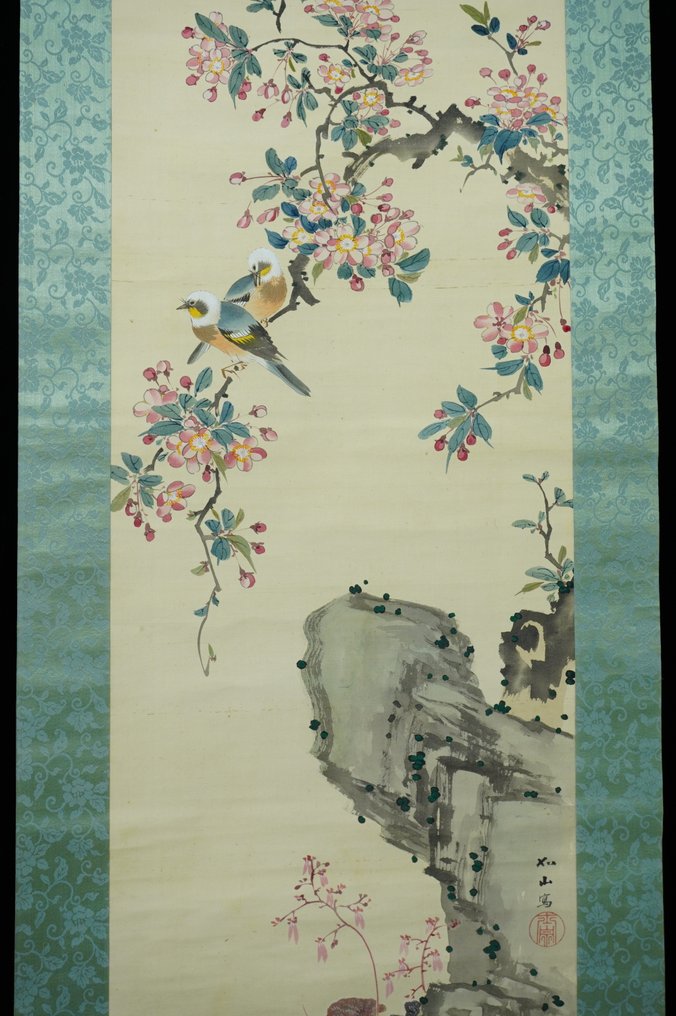 Absolute Auction – Hanging Scroll by Jozan 如山 (Meiji–Taisho period) Birds and Blossoming Branch - Sumi Jozan 隅如山 - Giappone (Senza prezzo di riserva) #3.2