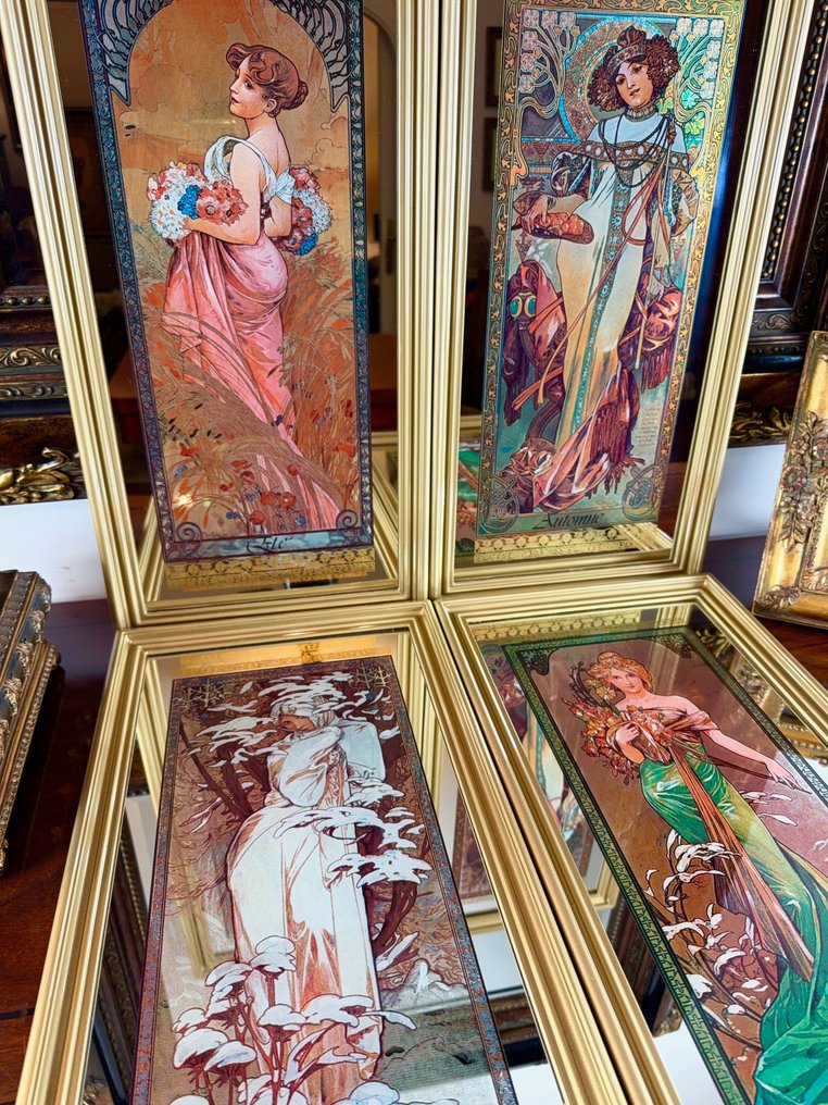 Alphonse Mucha (après) - Wall mirror (4)- "The Four Seasons" complete golden series - Crystal, Wood, Original golden frame - 58 x 29 cm. #1.0