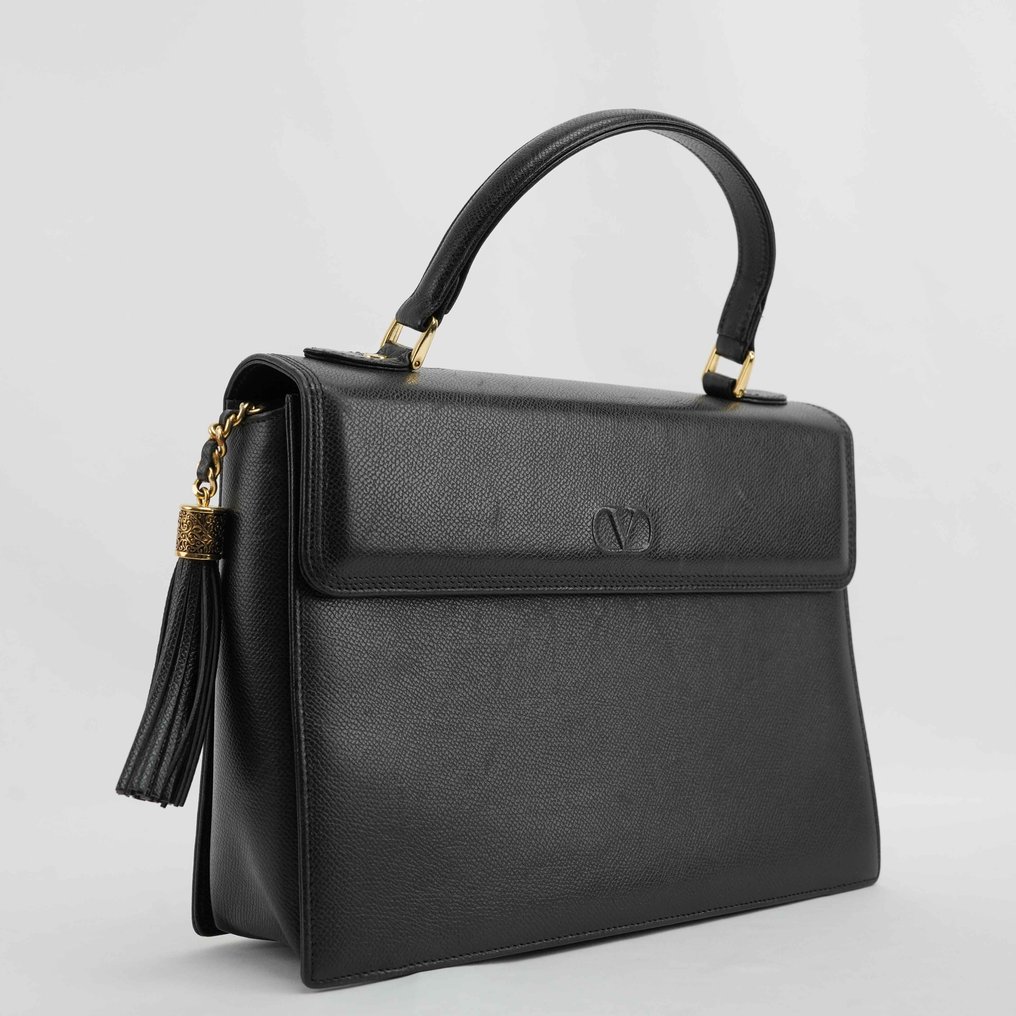 Valentino - Valentino Garavani Black Textured Leather Top Handle Bag with Gold-Tone Tassel - Handbag #1.0