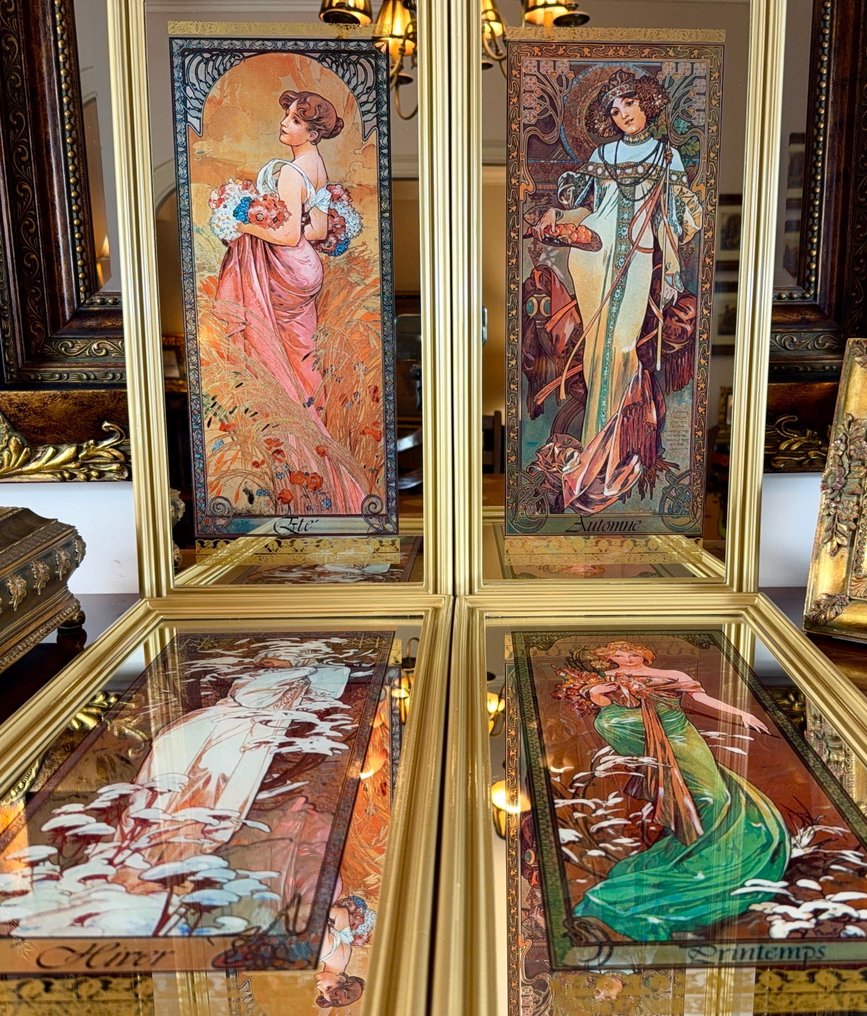 Alphonse Mucha (après) - Wall mirror (4)- "The Four Seasons" complete golden series - Crystal, Wood, Original golden frame - 58 x 29 cm. #1.0