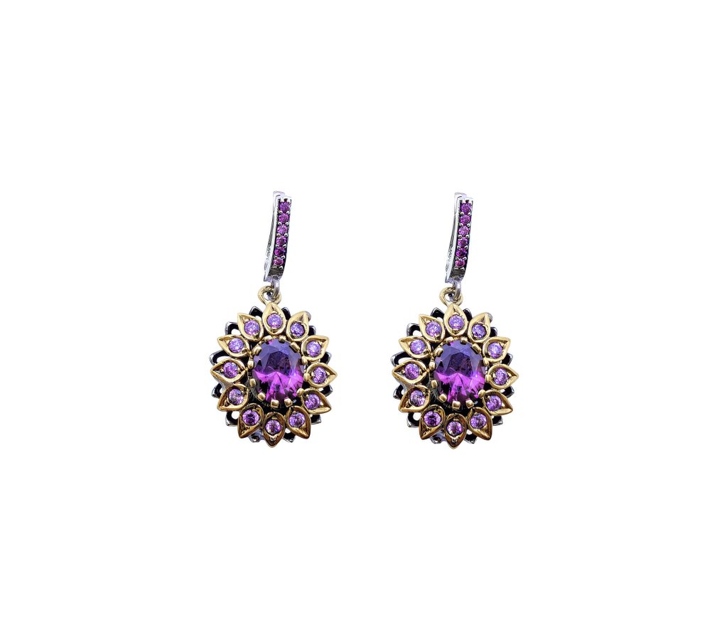 Ingen reservasjonspris - Øredobber Sølv, Gullplattert Ametyst - 7,80 kt. #1.0