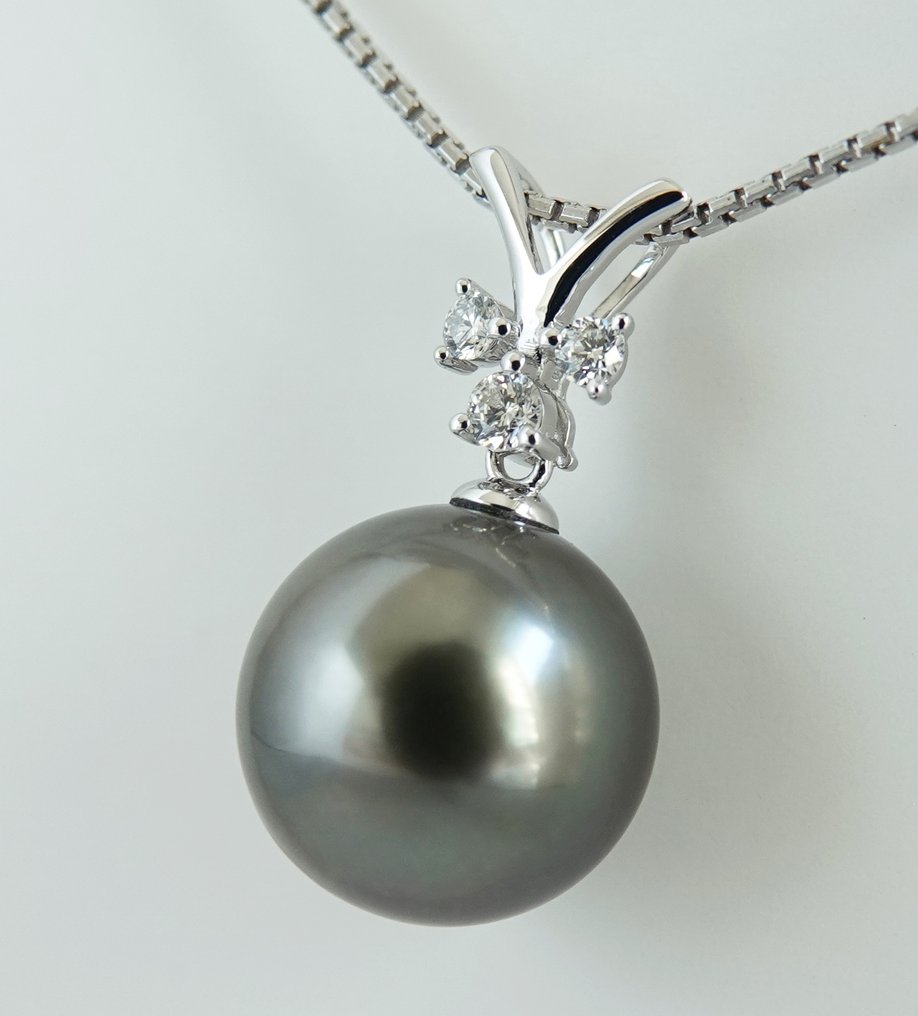 Anhänger - 18 kt Weißgold Perle - Diamant - Stürmisch Blau-Grün, Rund #2.1