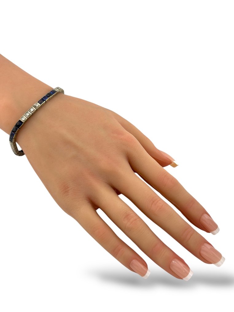 Bracciale Bracciale esclusivo in platino Art Deco francese con 2,08 carati di diamanti e zaffiri, Platino - 2.08ct. tw. Diamante (Naturale) #2.1