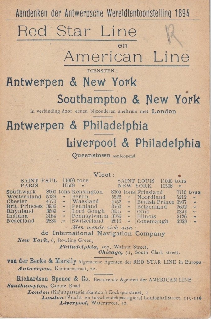 比利时 - 海事, 广告, 船舶 - Antwerp - 明信片 (1) - 1894-1894 #1.0