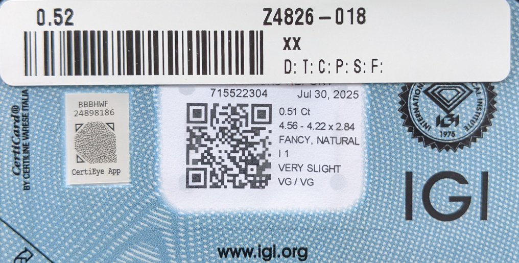 χωρίς τιμή ασφαλείας - 1 pcs Διαμάντι (Φυσικού χρώματος) - 0.51 ct - Κούσιον - Fancy Απαλό ροζ Μοβ - I1 - International Gemological Institute (IGI) #3.2