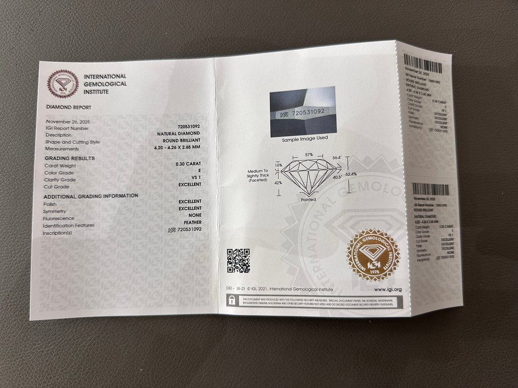 1 pcs 钻石 (天然) - 0.30 ct - 圆形 - E - VS1 轻微内含一级 - 国际宝石研究院(IGI) - *EX EX EX* 免运费 #3.2