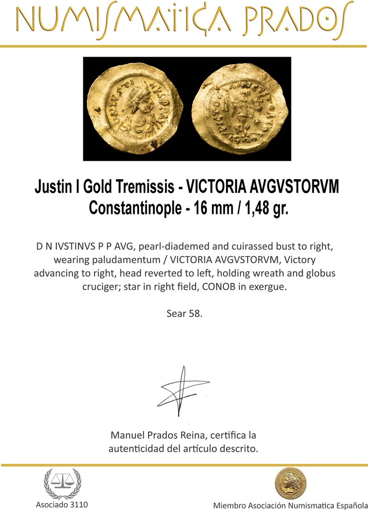 Byzantijnse Rijk. Justinus I (518-527 n.Chr.). Tremissis VICTORIA AVGVSTORVM, Constantinople (Zonder minimumprijs) #1.0