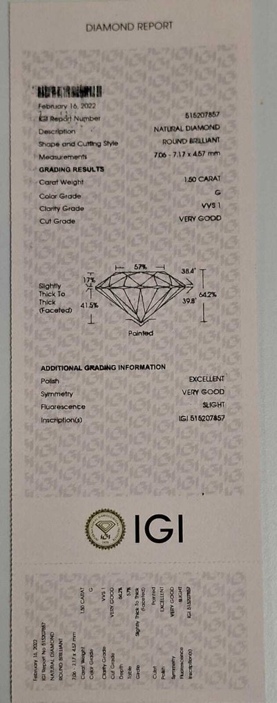 1 pcs Diamond (Natural) - 1.50 ct - Round - G - VVS1 - International Gemological Institute (IGI) #2.1