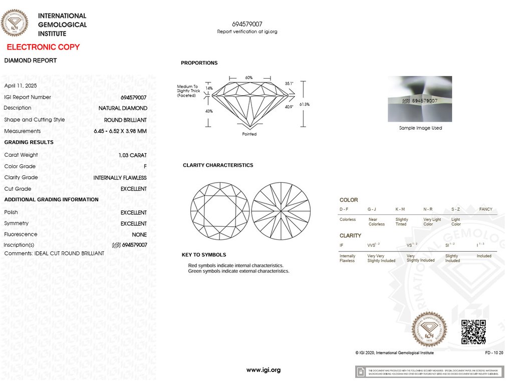 1 pcs 鑽石 (天然) - 1.03 ct - 圓形 - F(近乎無色) - IF - 國際寶石學院(International Gemological Institute (IGI)) - Ex Ex Ex 无 #2.1