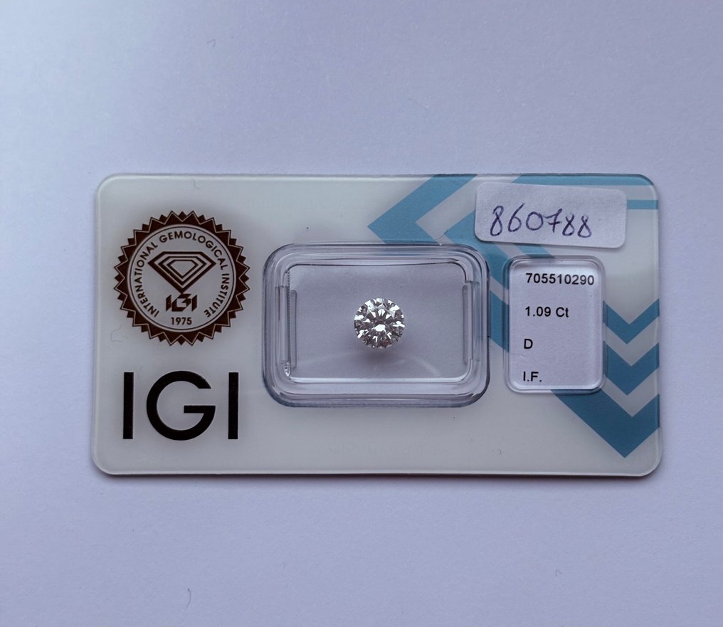 1 pcs Diamond  (Natural)  - 1.09 ct - Round - D (colourless) - IF - International Gemological Institute (IGI) - Ex Ex Ex #1.0