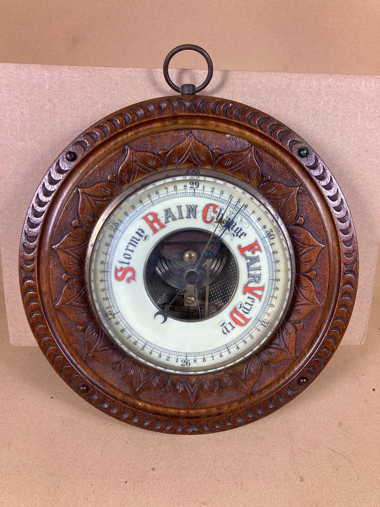 Aneroid barometer - Legno, Vetro, Rame - Bordo di noce intagliato #1.0