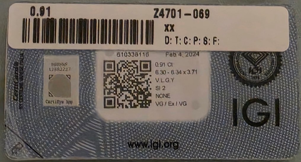 Nincs minimálár - 1 pcs Gyémánt  (Természetes)  - 0.91 ct - Kerek - SI2 - Nemzetközi Gemmológiai Intézet (IGI) #1.0