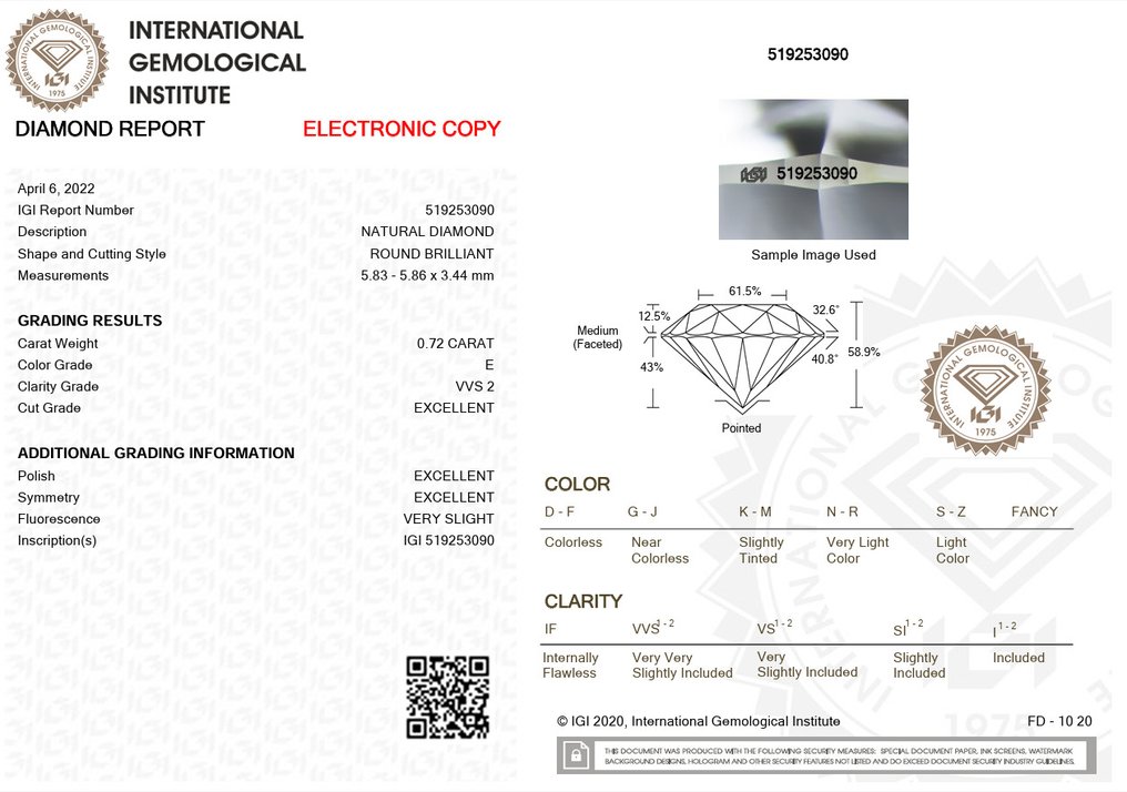 1 pcs Diamante  (Natural)  - 0.72 ct - Redondo - E - VVS2 - International Gemological Institute (IGI) - Ex Ex Ex #2.1