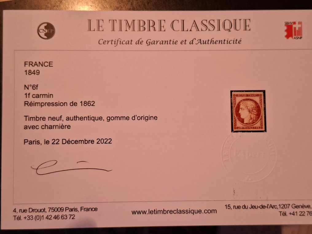 法國 1849/1849 - Ceres N° 6f neuf * 1862年再版 极佳的证明 #4.3
