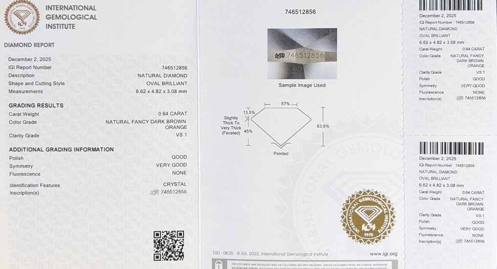 Nincs minimálár - 1 pcs Gyémánt (Természetes színű) - 0.64 ct - Ovális - Fancy dark Barna Narancssárga - VS1 - Nemzetközi Gemmológiai Intézet (IGI) #1.0
