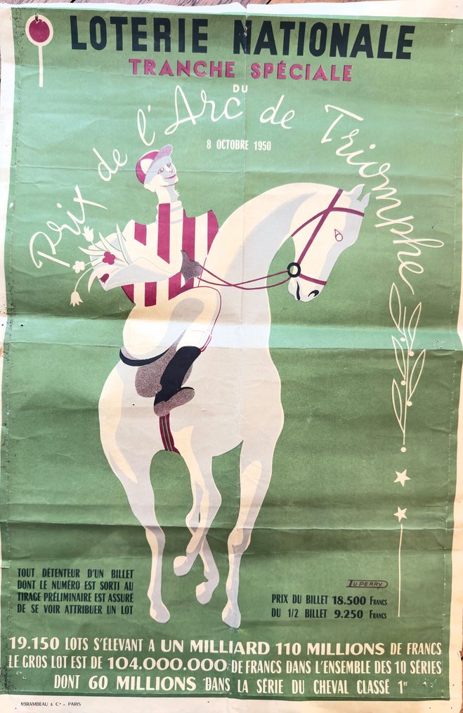 U. Perry - Mirambeau - Loterie Nationale – Prix de l’Arc de Triomphe – 8 octobre 1950 – U. Perry – Affiche originale – - 1950s #1.0