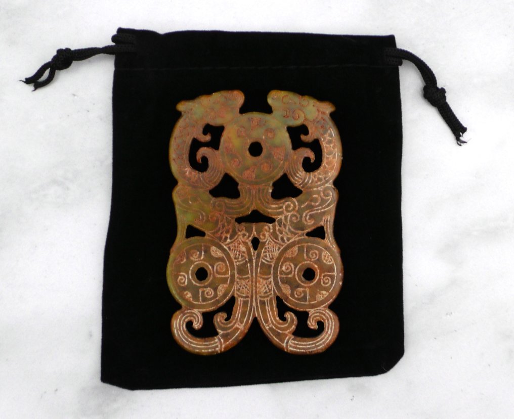 Hongshan Cultuur Dragon dublu Nefriet Amulet antic aducător de noroc - obiect de colecție - Amuletă #1.0
