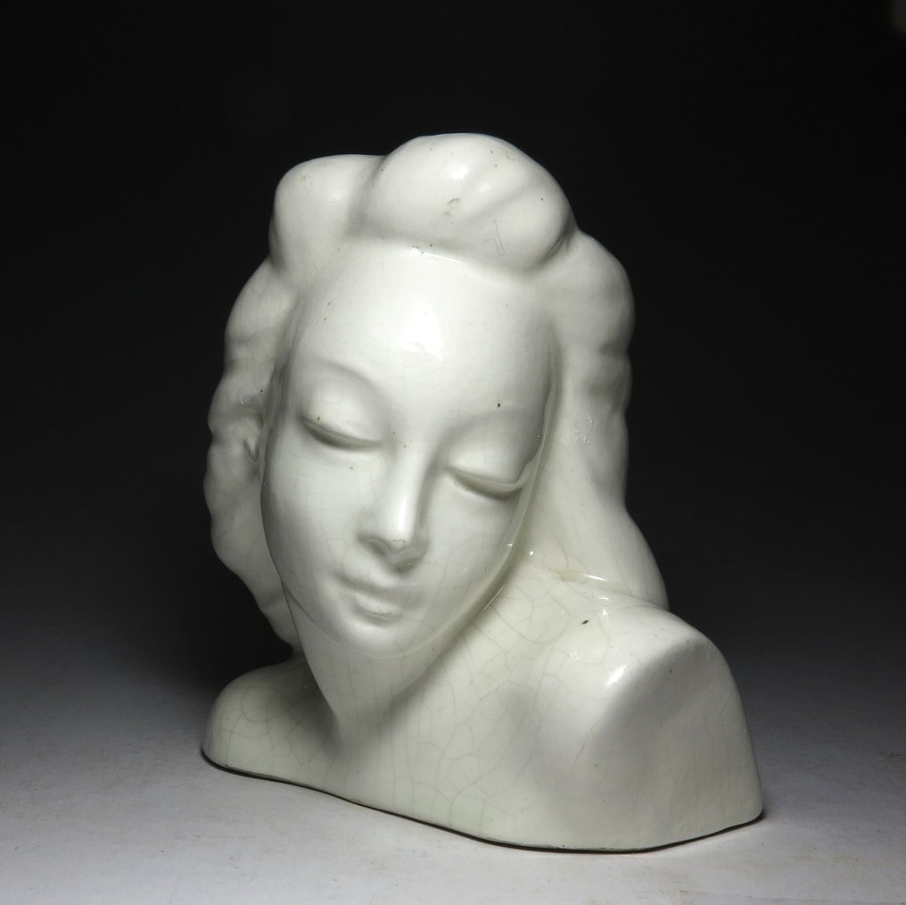 Imre Kovács Turáni (1910-1975 Budapest) - Statue, Art Deco Bust - 10 cm - Fajanse - 1930 #1.0