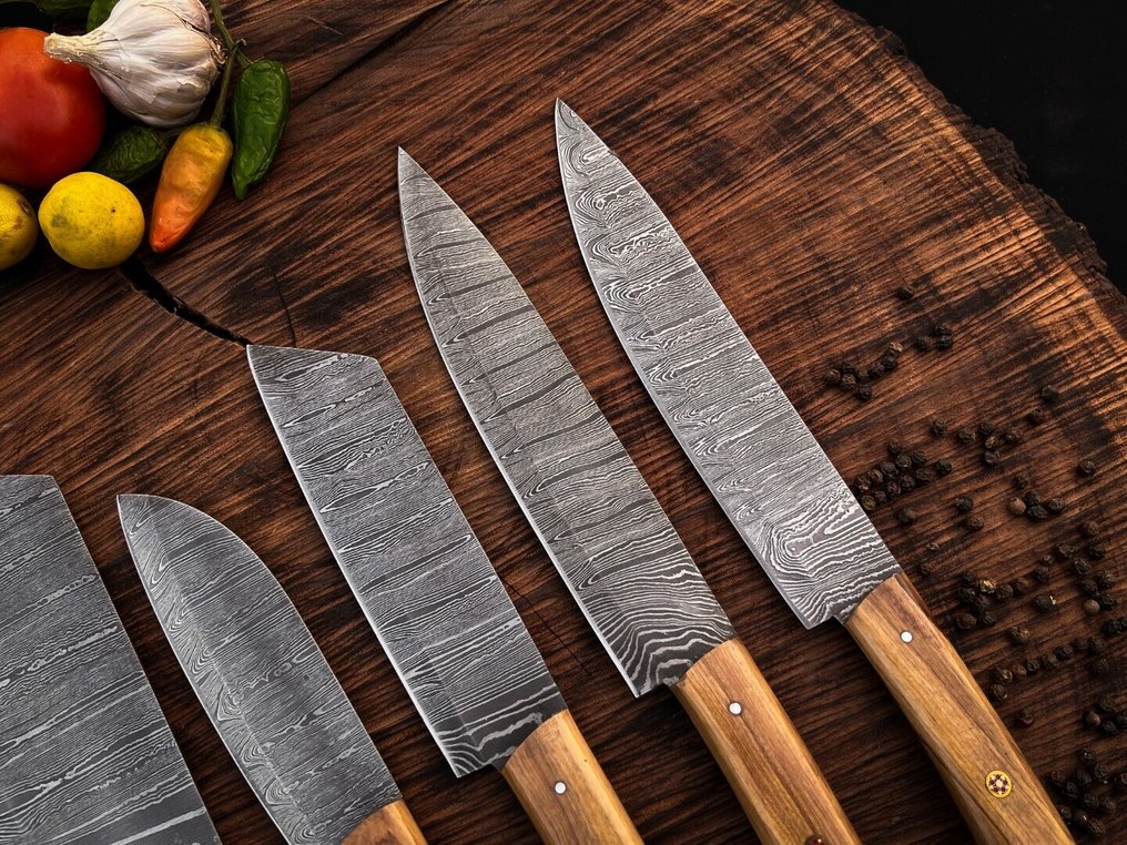Coltello da cucina - Kitchen knife set -  Set di coltelli da chef da cucina per usi quotidiani in interno ed esterno (UZ-290) - Manico in legno di ulivo e acciaio piegato - Stati Uniti - Set di coltelli da cucina #4.3