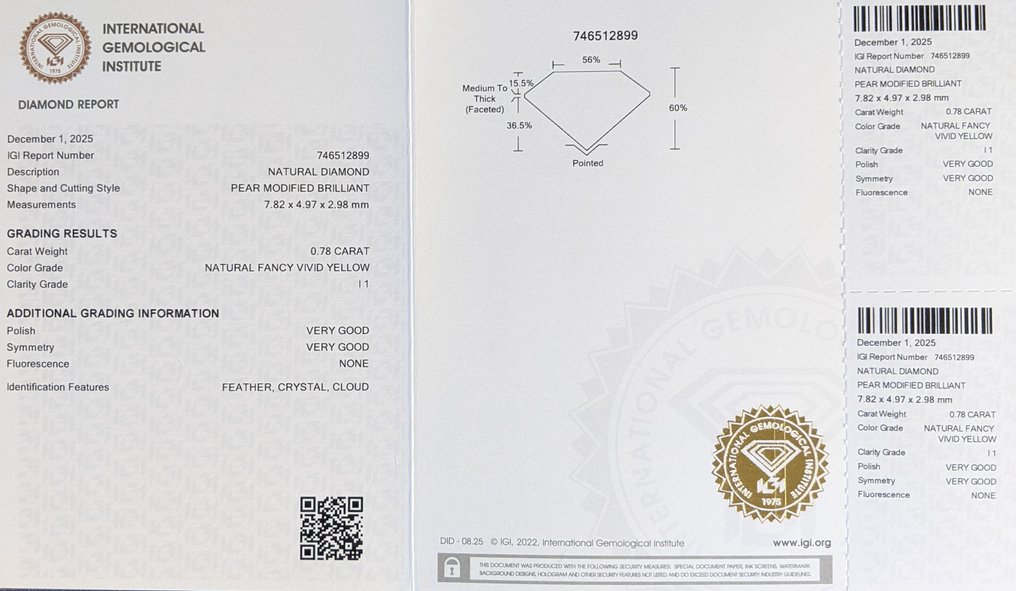 Zonder minimumprijs - 1 pcs Diamant (Natuurlijk gekleurd) - 0.78 ct - Peer - Fancy vivid Geel - P1 - International Gemological Institute (IGI) #1.0