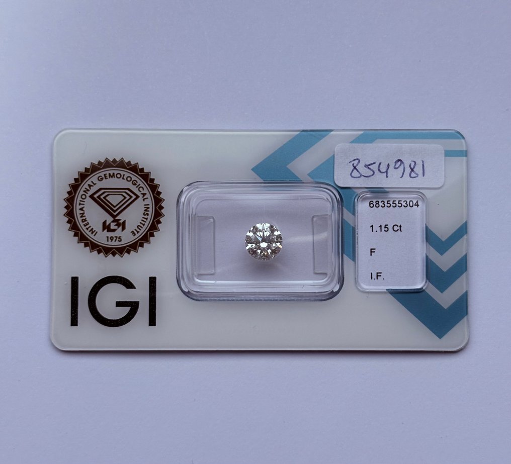 1 pcs Diamant  (Natural)  - 1.15 ct - Rotund - F - IF - IGI (Institutul gemologic internațional) - Ex Ex Ex #1.0
