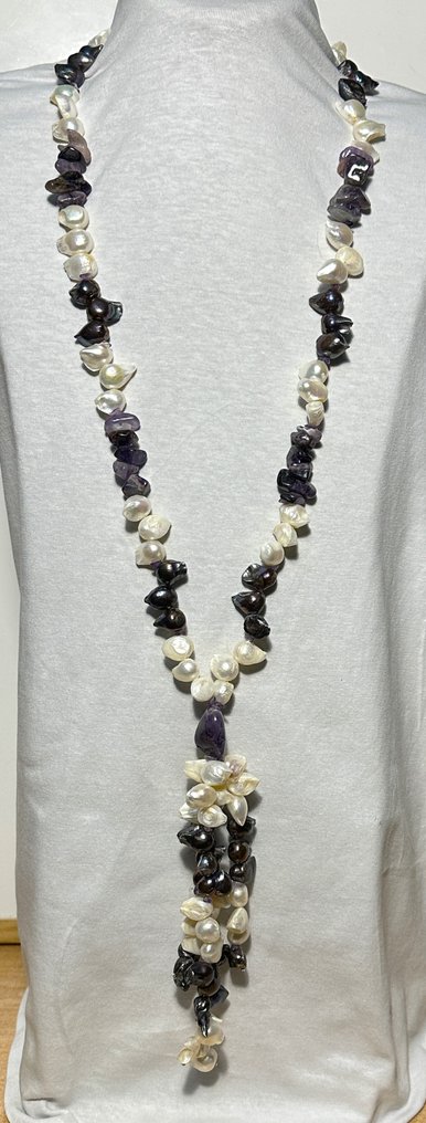 天然珍珠(白色与黑色)、巴西巴洛克珍珠与紫水晶 / 高品质 - 頸鏈 - 1045 克拉 #1.0