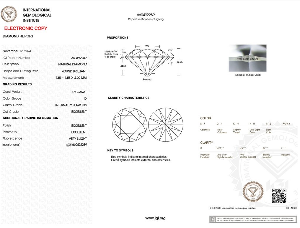 1 pcs Diamant (Natural) - 1.09 ct - Rotund - D (fără culoare) - IF - IGI (Institutul gemologic internațional) - Ex Ex Ex #3.2