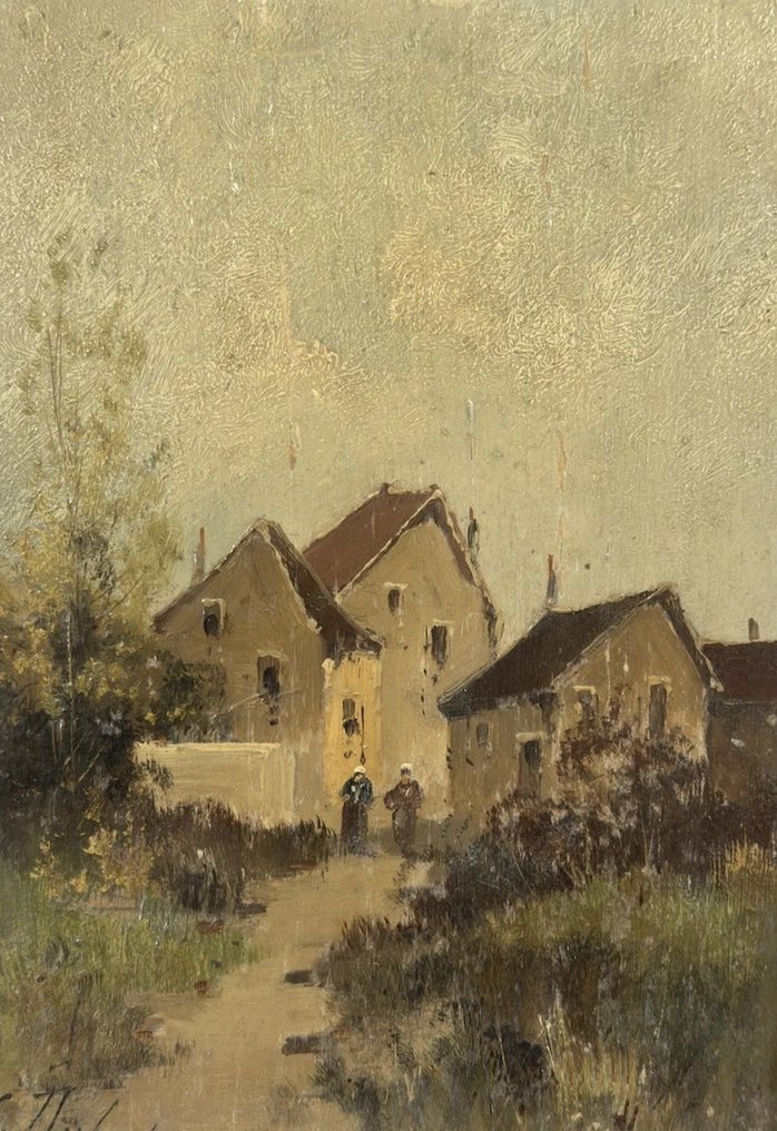 Eugène Galien Laloue (1854- 1941) signé L. Dupuy - Deux femmes sur le chemin dans un village #2.1
