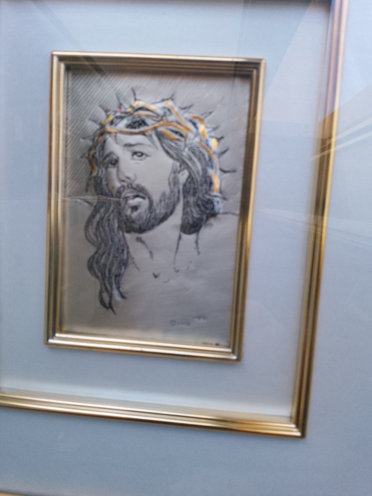 Volto di Cristo su Piastra argento 925. Misure totali 37x33 luce 13x9 cm. - .925 argento - 1970-1980 - Cristo , piastra argento #1.0