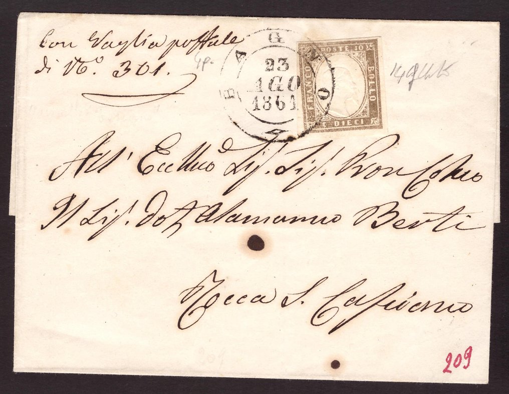 意大利古國－薩丁尼亞 1861 - 带有10个C的信件，在浴室使用，4个点 - Sassone  14Cf #1.0