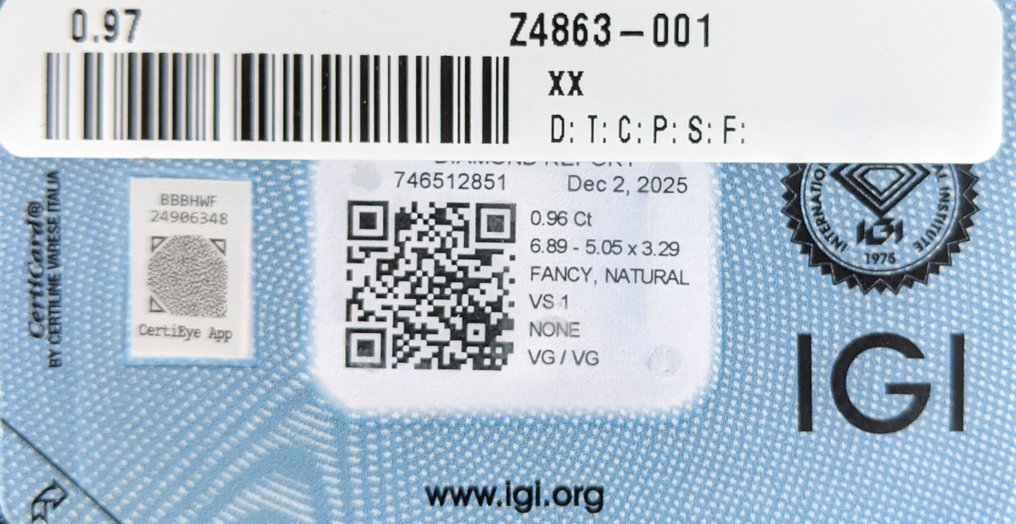 Utan reservationspris - 1 pcs Diamant (Naturligt färgad) - 0.96 ct - Oval - Fancy deep Orange Brun - VS1 - International Gemological Institute (IGI) #3.2