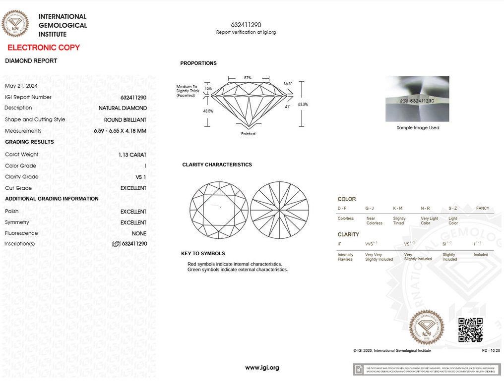 1 pcs 鑽石  (天然)  - 1.13 ct - 圓形 - I(極微黃、正面看為白色) - VS1 - 國際寶石學院（International Gemological Institute (IGI)） - Ex Ex Ex 无 #3.2