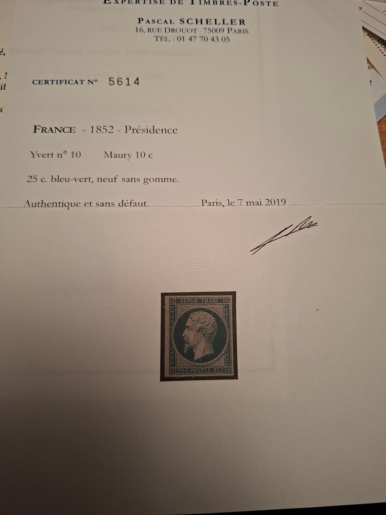 Γαλλία 1849/1849 - Présidence N° 10 Μπλε Πράσινο εννέα χωρίς κόλλα, επανεκτύπωση του 1862, υπέροχο πιστοποιητικό #4.3