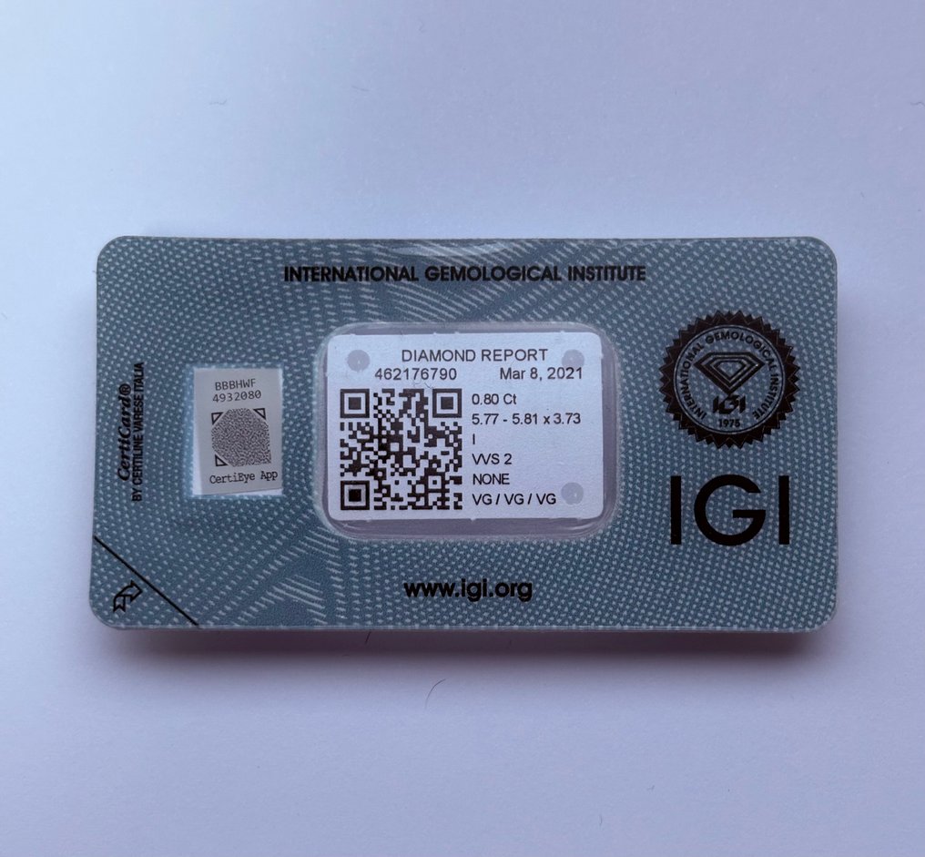 1 pcs Diamant (Natural) - 0.80 ct - Rotund - I - VVS2 - IGI (Institutul gemologic internațional) #1.0
