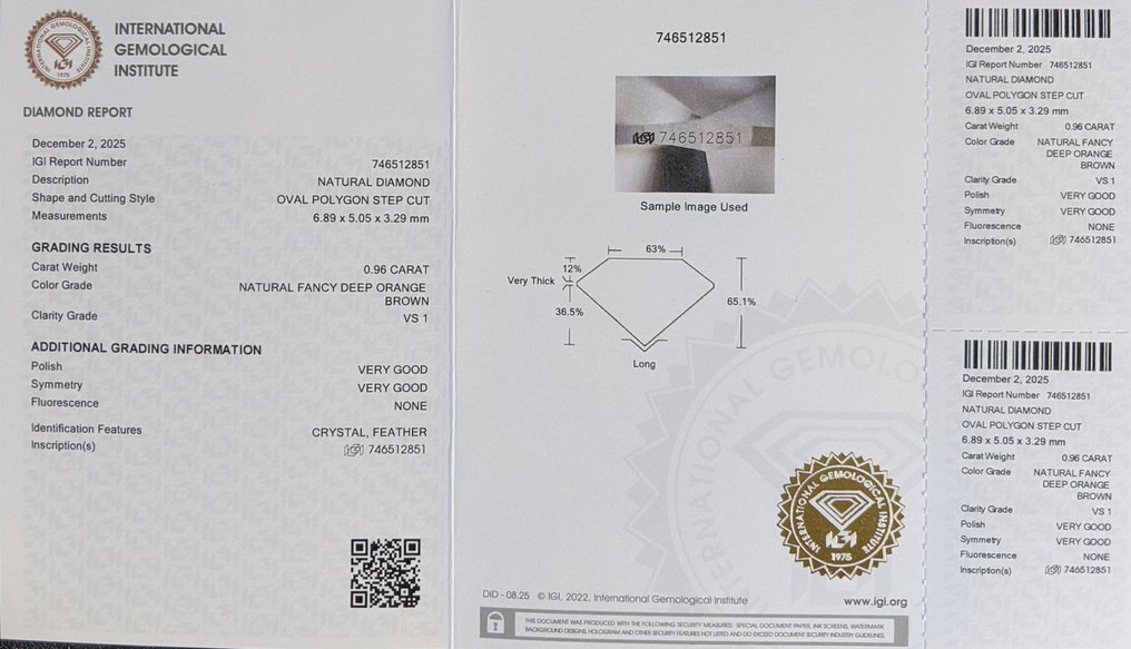 Utan reservationspris - 1 pcs Diamant (Naturligt färgad) - 0.96 ct - Oval - Fancy deep Orange Brun - VS1 - International Gemological Institute (IGI) #1.0