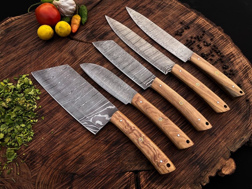 Coltello da cucina - Kitchen knife set -  Set di coltelli da chef da cucina per usi quotidiani in interno ed esterno (UZ-290) - Manico in legno di ulivo e acciaio piegato - Stati Uniti - Set di coltelli da cucina #2.1