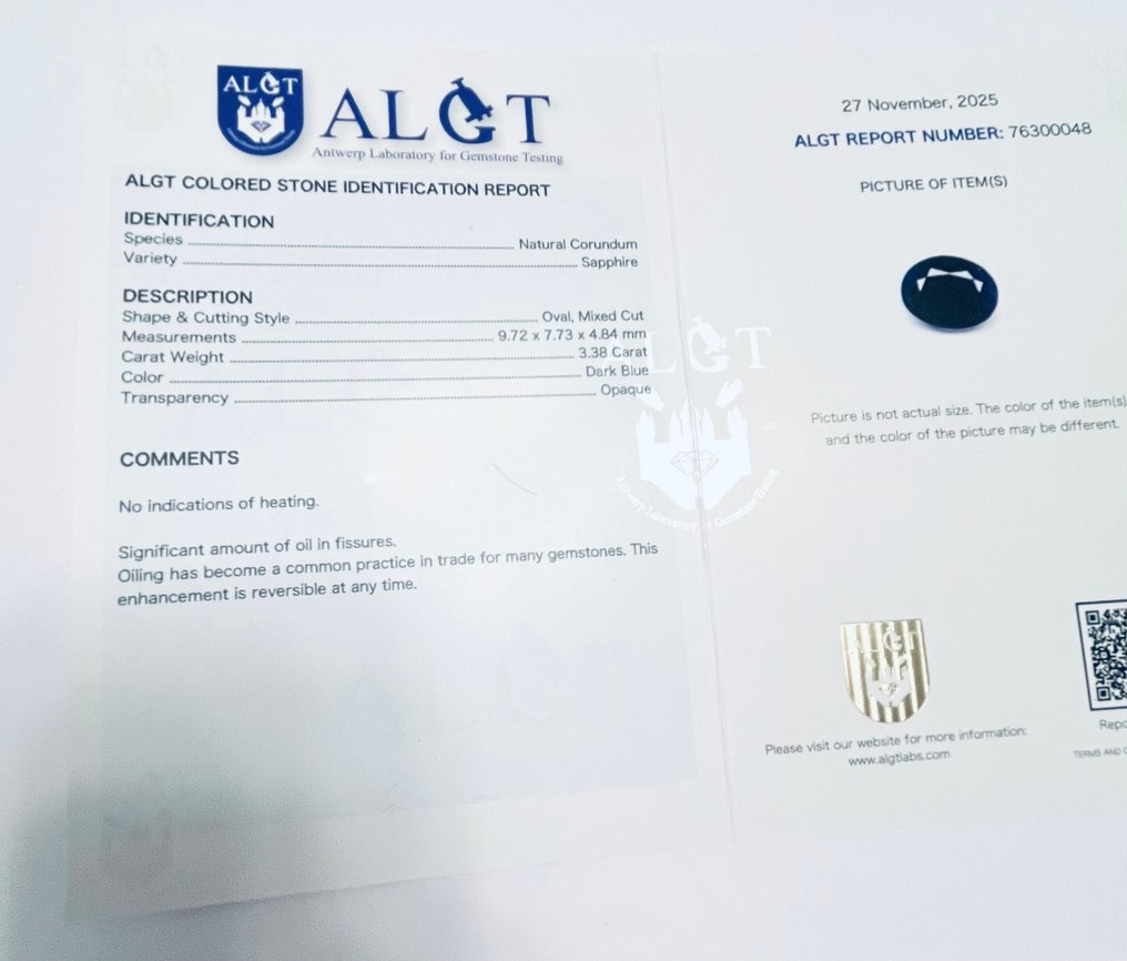 Ingen mindstepris - 1 pcs Blå Safir - 3.38 ct - Antwerp Laboratory for Gemstone Testing (ALGT) #4.3