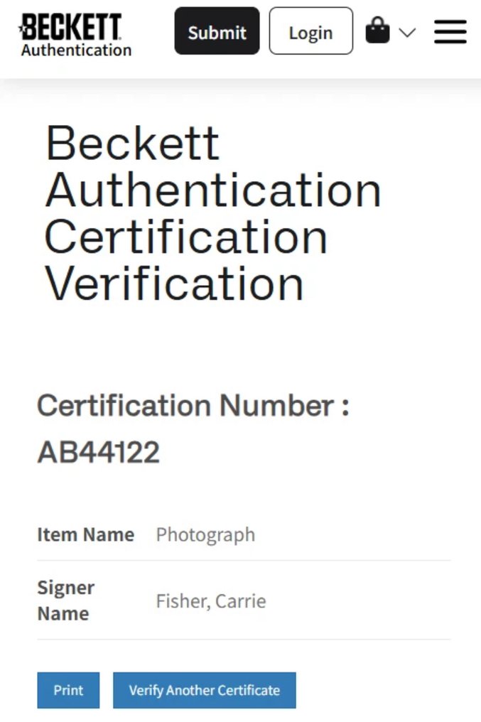 Star Wars, Carrie Fisher (+) as Princess Leia - Signed in Person - with beckett Certificate - Autograph, photo #4.3