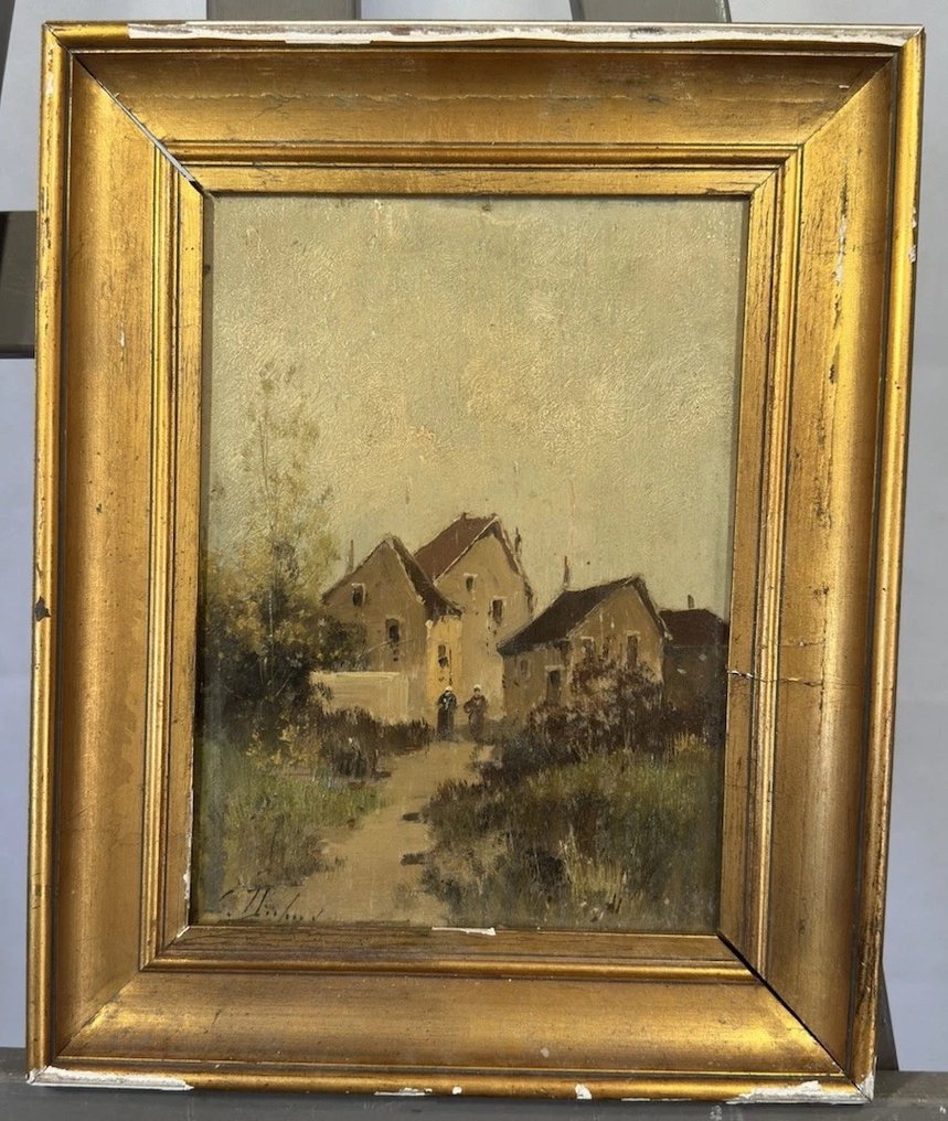 Eugène Galien Laloue (1854- 1941) signé L. Dupuy - Deux femmes sur le chemin dans un village #1.0