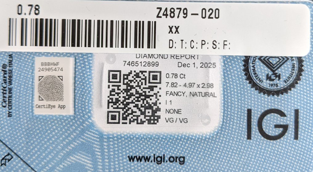 Zonder minimumprijs - 1 pcs Diamant (Natuurlijk gekleurd) - 0.78 ct - Peer - Fancy vivid Geel - P1 - International Gemological Institute (IGI) #3.2