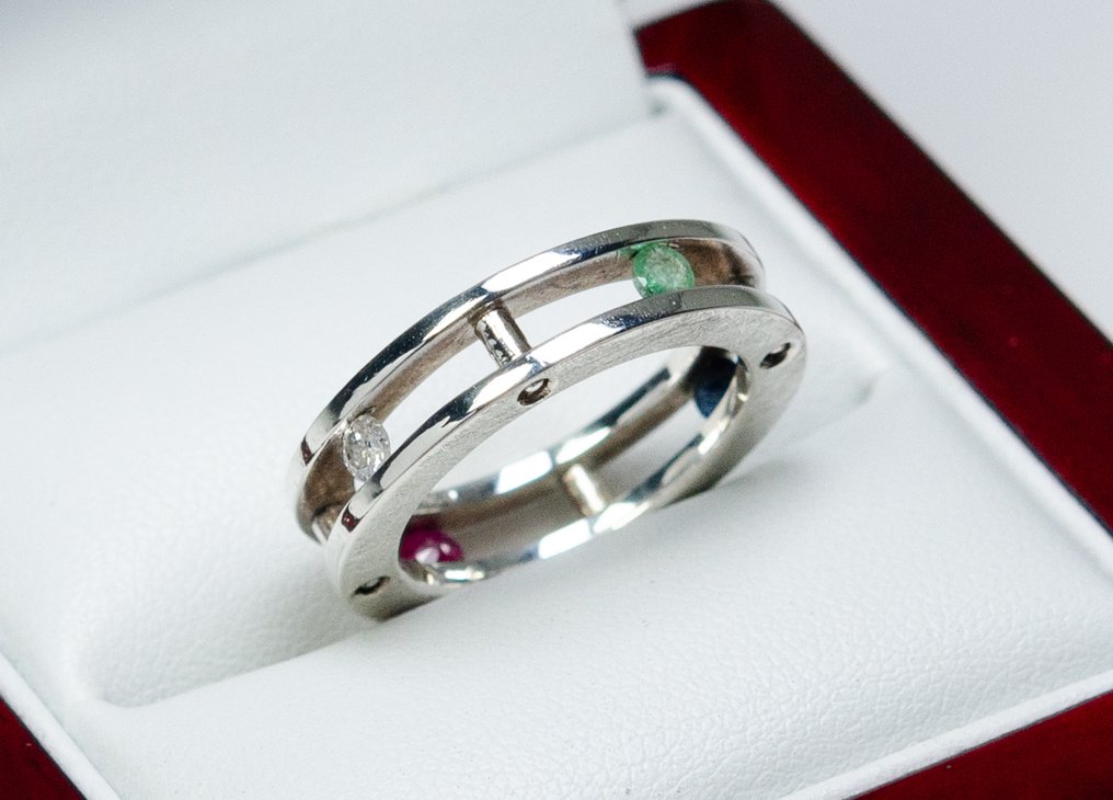 没有保留价 - 戒指 - 925 银 - 0.10 克拉钻石/ 0.15 克拉蓝宝石/ 0.15 克拉红宝石/ 翡翠 - 设计师戒指 #1.0