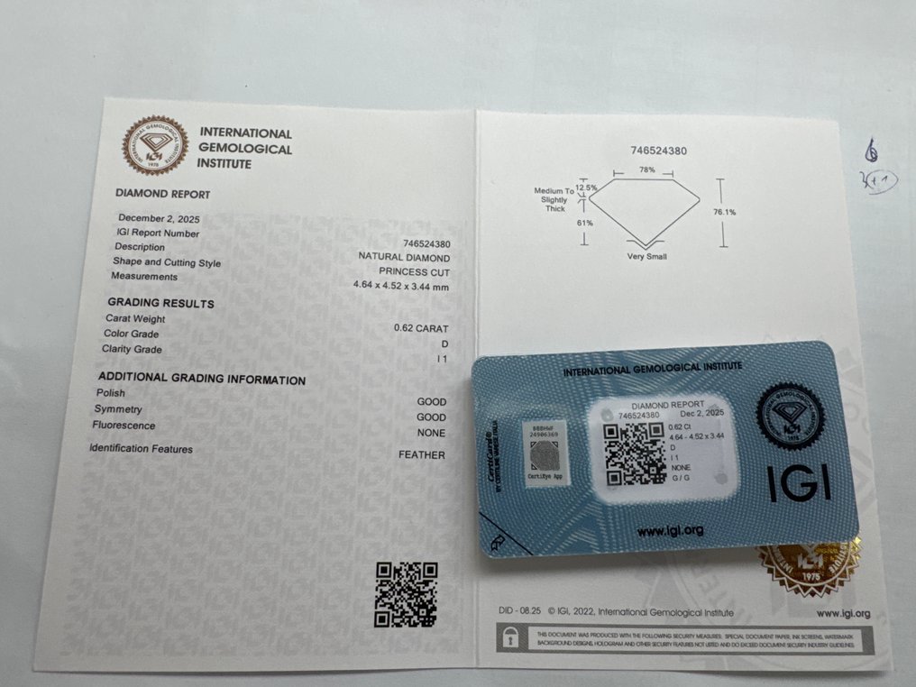 Nincs minimálár - 1 pcs Gyémánt (Természetes) - 0.62 ct - D (színtelen) - I1 - Nemzetközi Gemmológiai Intézet (IGI) #3.2