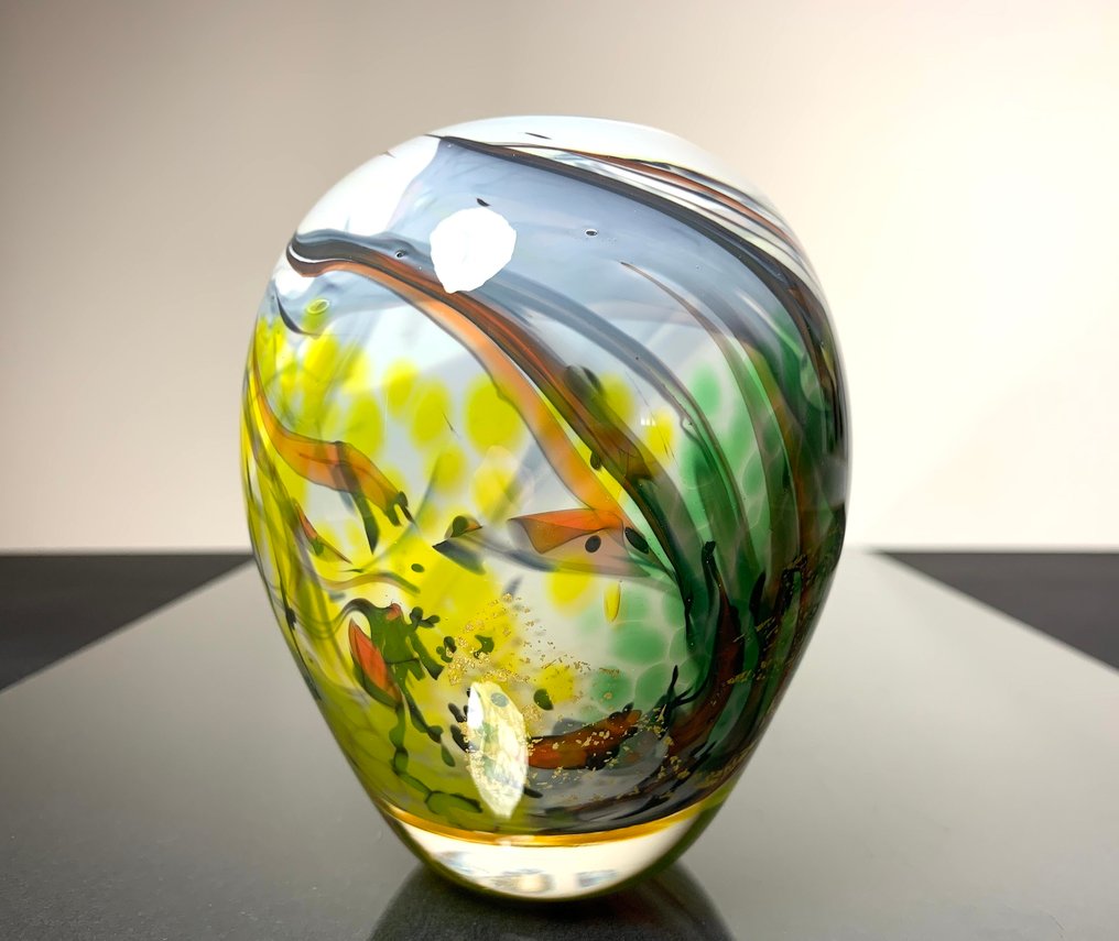 Maxence Parot - Vase -  Vase unique couleurs Opalines et Or  - Verre #1.0