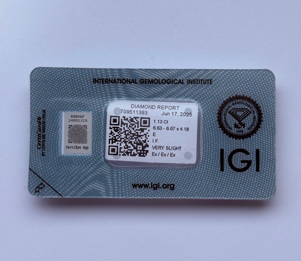 1 pcs 鑽石 (天然) - 1.13 ct - 圓形 - E(近乎完全無色) - IF - 國際寶石學院(International Gemological Institute (IGI)) - Ex Ex Ex #1.0