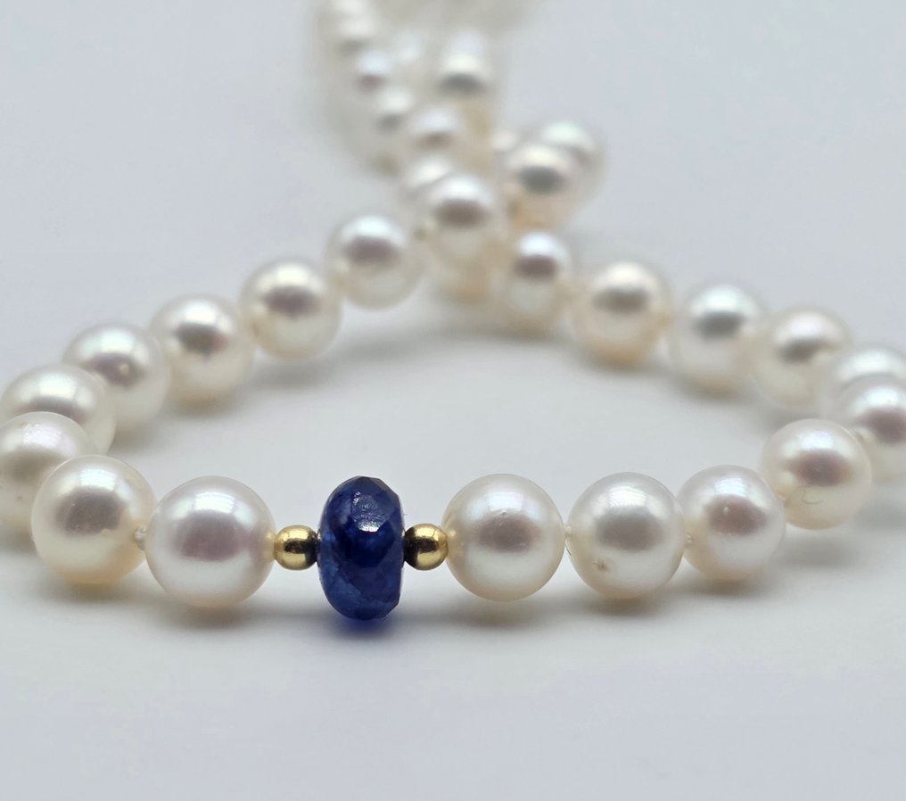 没有保留价 - 项链 - 18K包金 黄金 珍珠 - 蓝宝石 - 6.2 至 6.6 的阿科雅珍珠 #3.2