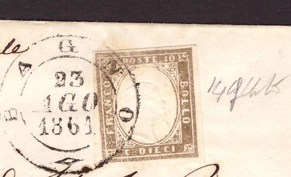 意大利古國－薩丁尼亞 1861 - 带有10个C的信件，在浴室使用，4个点 - Sassone  14Cf #1.0