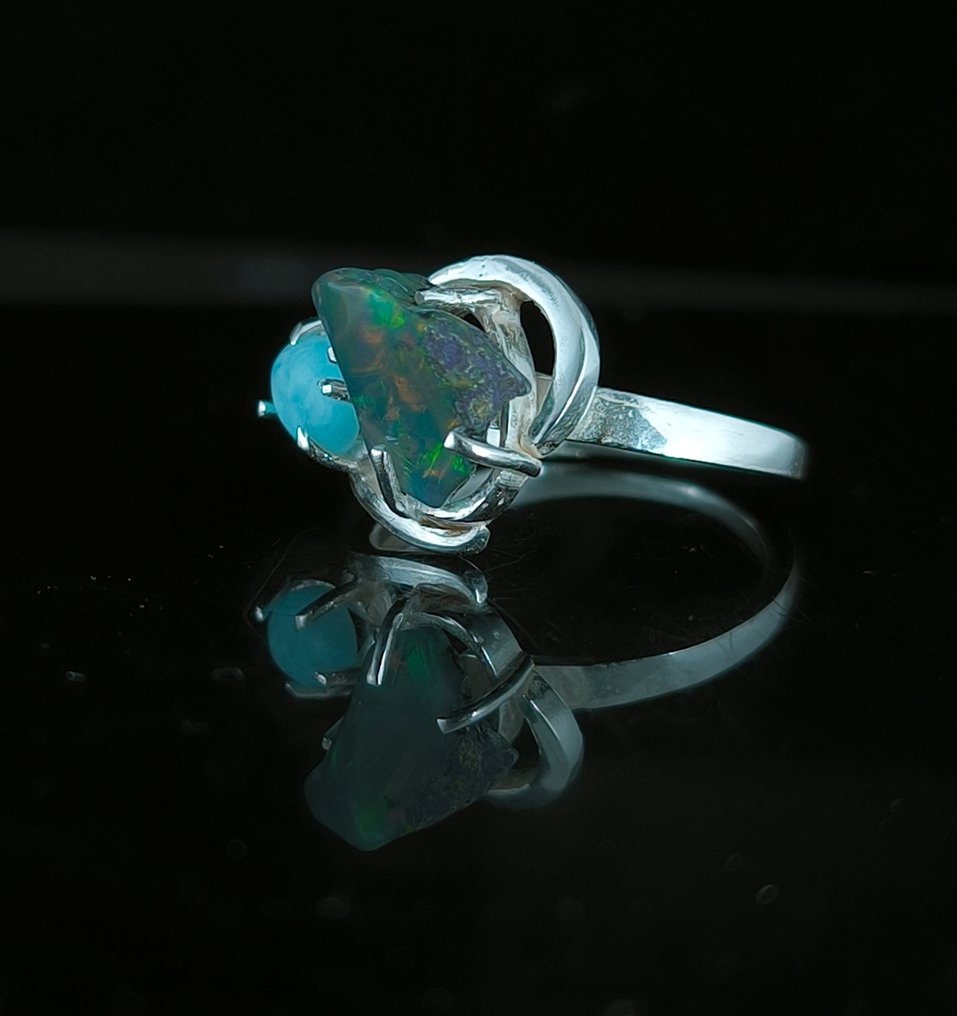 Opaal Verstelbare ring met Larimar en opaal in sterlingzilver - Hoogte: 14 mm - Breedte: 18 mm- 3.98 g - (1) #2.1