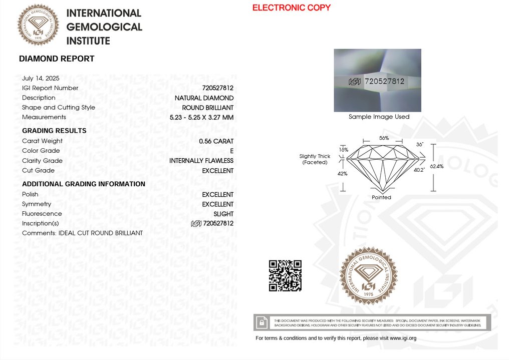 1 pcs 钻石 (天然) - 0.56 ct - 圆形 - E - IF - 国际宝石研究院(IGI) - Ex Ex Ex #3.2