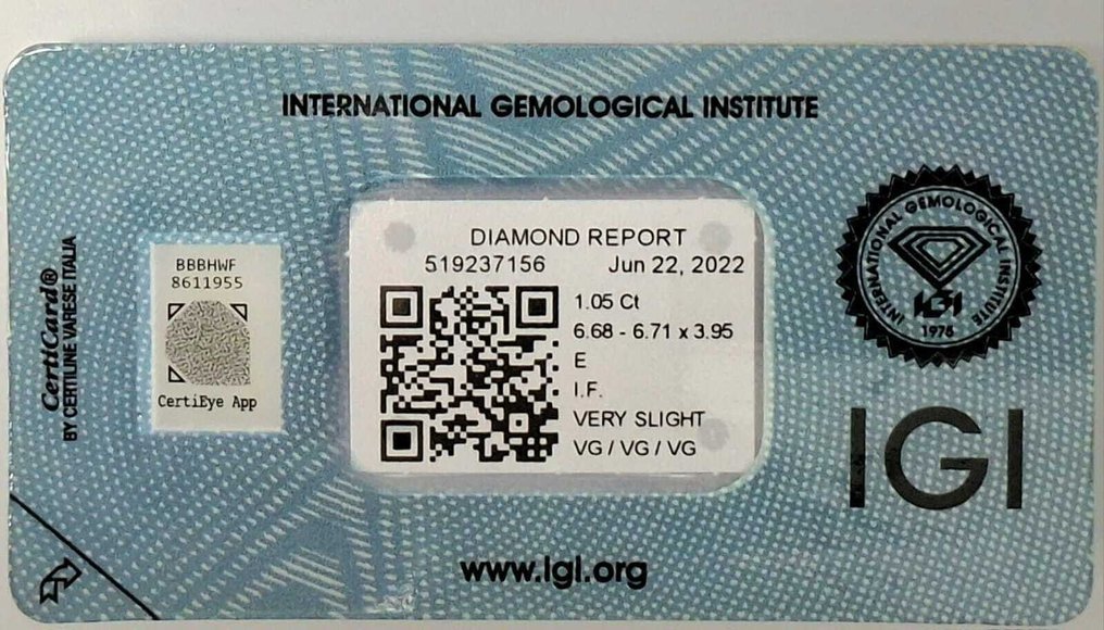1 pcs Diamant  (Naturelle)  - 1.05 ct - Rond - E - IF - International Gemological Institute (IGI) #3.2
